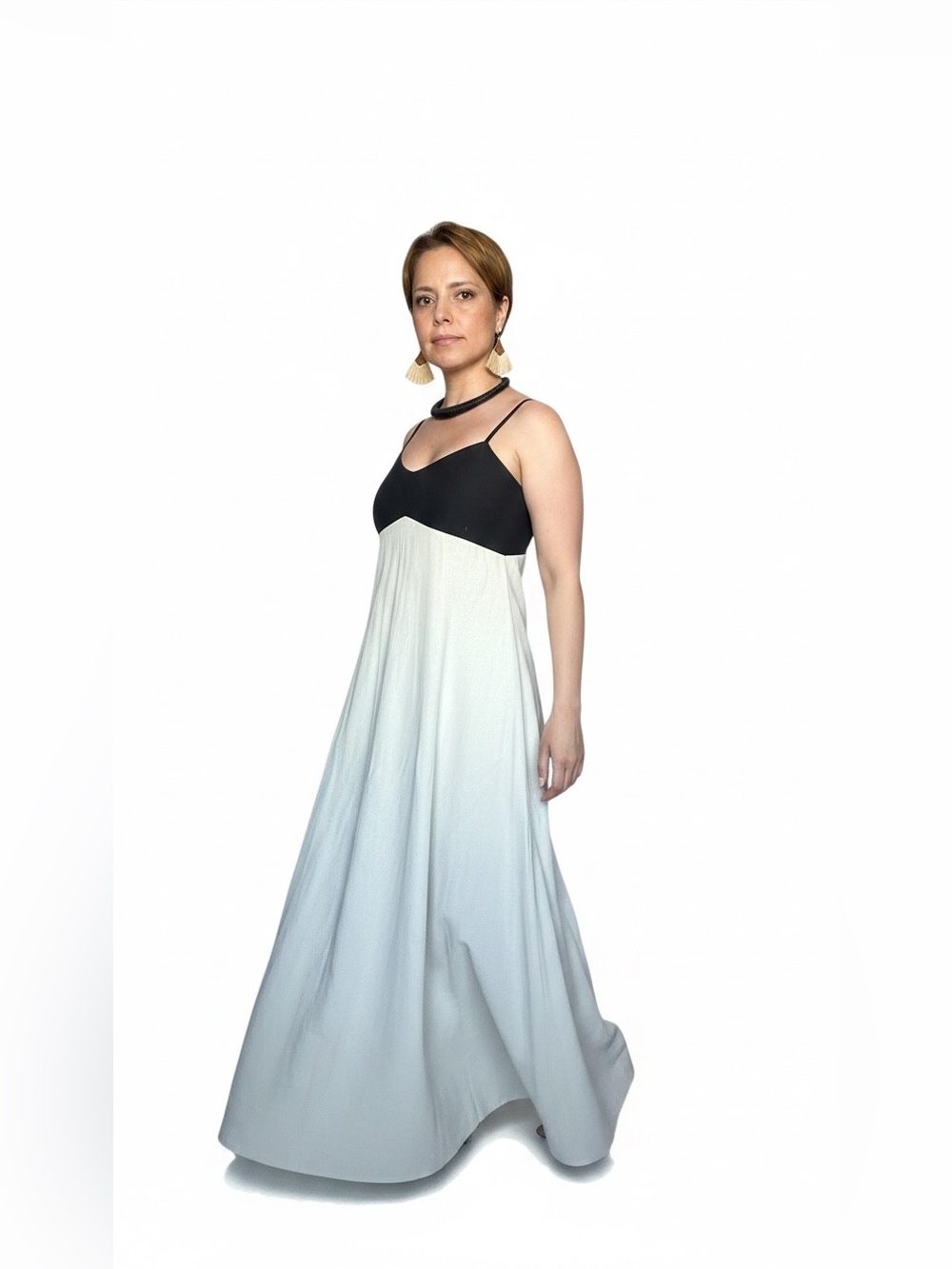 Japna - Black & White Empire Waist Maxi Dress Spaghetti Strap Lined - Medium